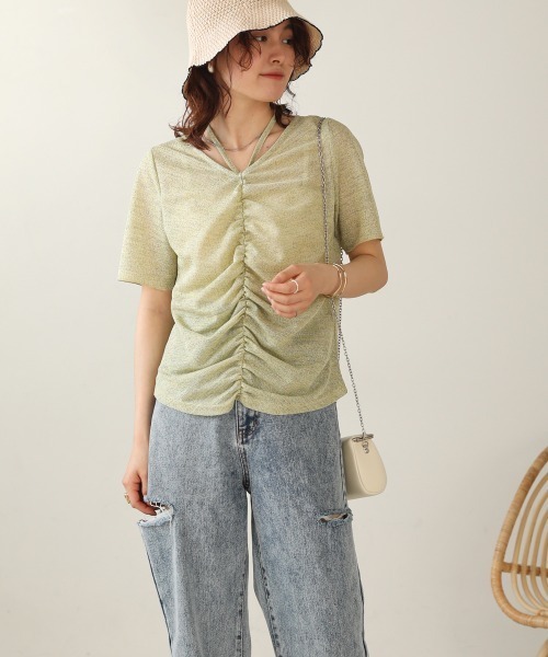 Bab(バブ)の「シアーギャザー2WAYトップス(Tシャツ/カットソー・レディース・ブラック/オフホワイト/イエロー・M)」の7枚目の写真