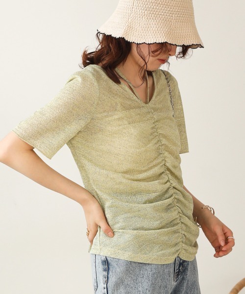 Bab(バブ)の「シアーギャザー2WAYトップス(Tシャツ/カットソー・レディース・ブラック/オフホワイト/イエロー・M)」の8枚目の写真