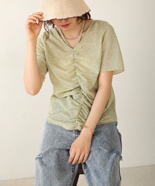 Bab(バブ)の「シアーギャザー2WAYトップス(Tシャツ/カットソー・レディース・ブラック/オフホワイト/イエロー・M)」の10枚目の写真