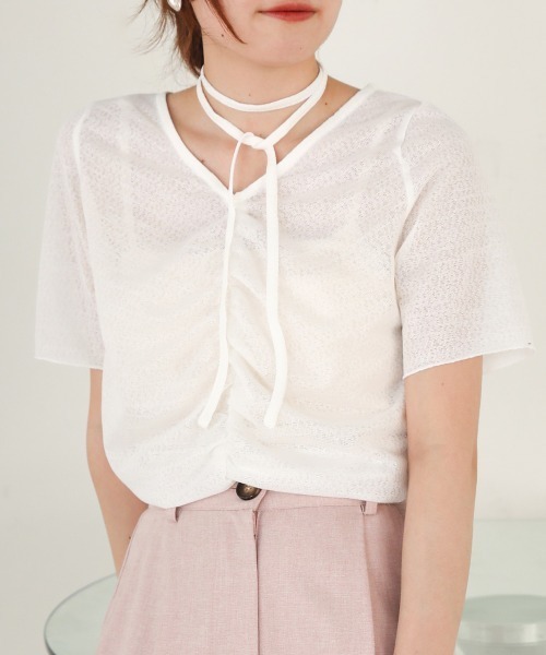 Bab(バブ)の「シアーギャザー2WAYトップス(Tシャツ/カットソー・レディース・ブラック/オフホワイト/イエロー・M)」の22枚目の写真