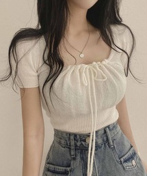 クロップド丈フロントリボンニットトップス