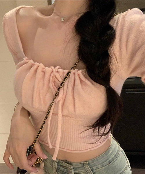 NANEA(ナネア)の「クロップド丈フロントリボンニットトップス(ニット/セーター・レディース・ブラック/グレー/ピンク/ホワイト・FREE)」の4枚目の写真