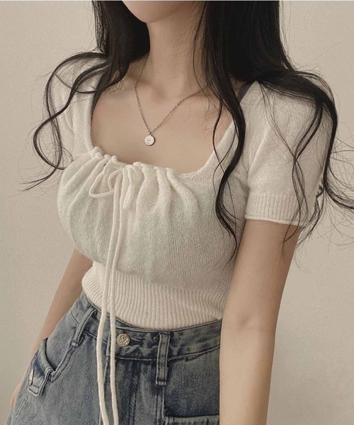 NANEA(ナネア)の「クロップド丈フロントリボンニットトップス(ニット/セーター・レディース・ブラック/グレー/ピンク/ホワイト・FREE)」の14枚目の写真