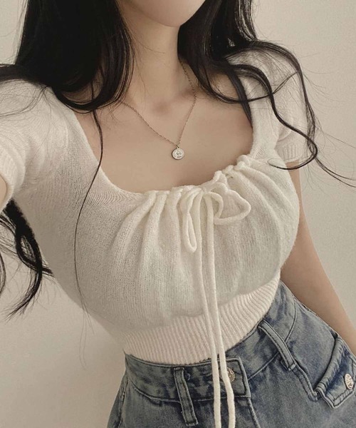 NANEA(ナネア)の「クロップド丈フロントリボンニットトップス(ニット/セーター・レディース・ブラック/グレー/ピンク/ホワイト・FREE)」の12枚目の写真