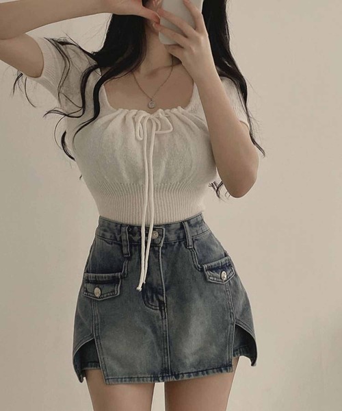 NANEA(ナネア)の「クロップド丈フロントリボンニットトップス(ニット/セーター・レディース・ブラック/グレー/ピンク/ホワイト・FREE)」の13枚目の写真