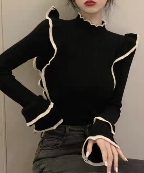 Sibra(シブラ)の「配色フリルニットトップス(ニット/セーター・レディース・ホワイト/ブラック・M)」の2枚目の写真