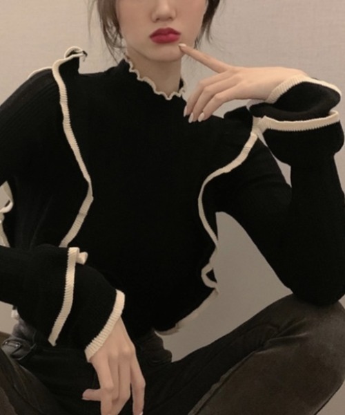 Sibra(シブラ)の「配色フリルニットトップス(ニット/セーター・レディース・ホワイト/ブラック・M)」の9枚目の写真