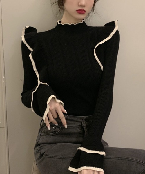 Sibra(シブラ)の「配色フリルニットトップス(ニット/セーター・レディース・ホワイト/ブラック・M)」の8枚目の写真
