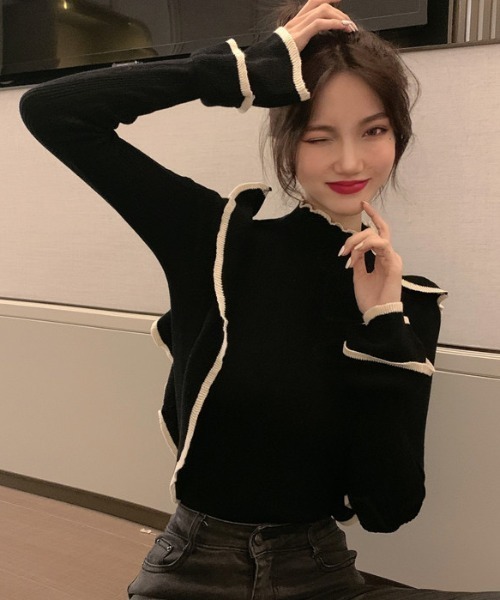 Sibra(シブラ)の「配色フリルニットトップス(ニット/セーター・レディース・ホワイト/ブラック・M)」の10枚目の写真