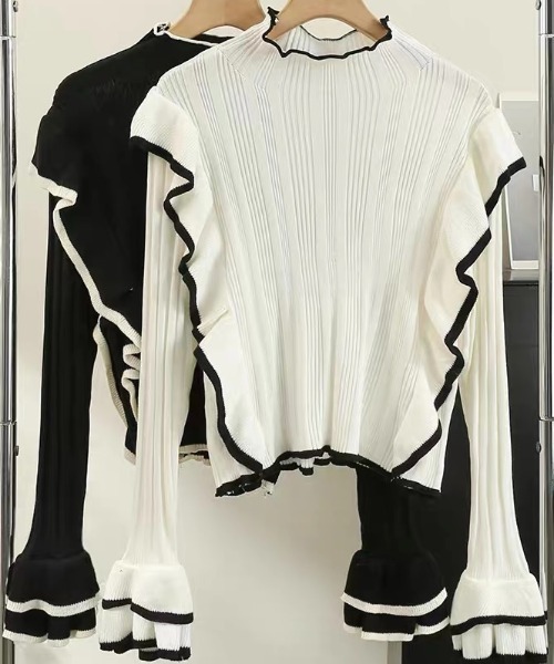 Sibra(シブラ)の「配色フリルニットトップス(ニット/セーター・レディース・ホワイト/ブラック・M)」の12枚目の写真
