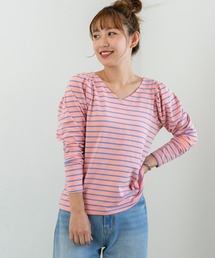 前後2wayパフスリーブボーダーロンTee