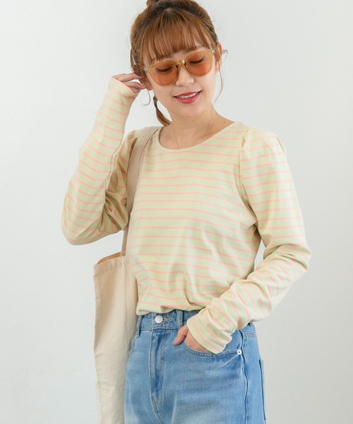PICHI(ピイチ)の「前後2wayパフスリーブボーダーロンTee(Tシャツ/カットソー・レディース・ピンク/グレー/グリーン・FREE)」の3枚目の写真