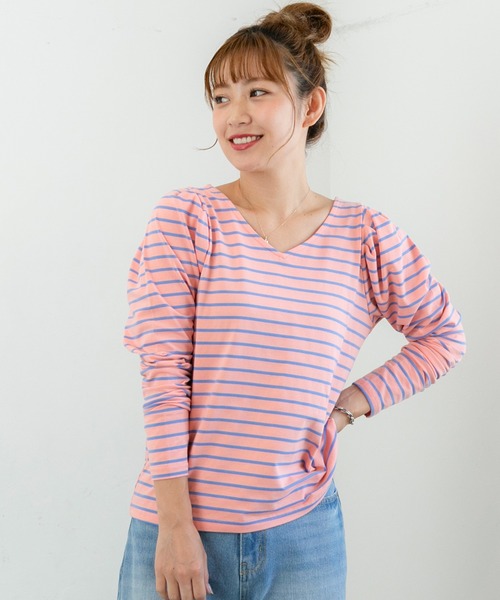 PICHI(ピイチ)の「前後2wayパフスリーブボーダーロンTee(Tシャツ/カットソー・レディース・ピンク/グレー/グリーン・FREE)」の4枚目の写真