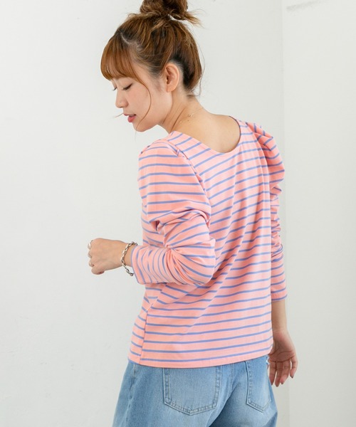 PICHI(ピイチ)の「前後2wayパフスリーブボーダーロンTee(Tシャツ/カットソー・レディース・ピンク/グレー/グリーン・FREE)」の5枚目の写真