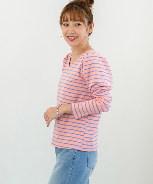 PICHI(ピイチ)の「前後2wayパフスリーブボーダーロンTee(Tシャツ/カットソー・レディース・ピンク/グレー/グリーン・FREE)」の6枚目の写真