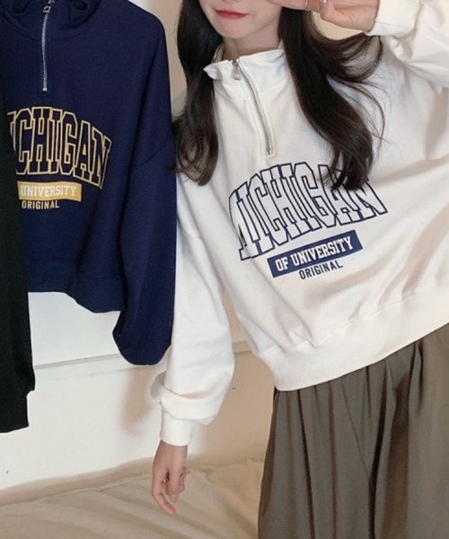 Chaco closet(チャコ クローゼット)の「MICHIGANハーフZIPショートスウェットプルオーバー(スウェット・レディース・ブラック/ネイビー/ホワイト・FREE)」の11枚目の写真