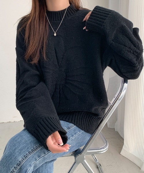 ABITOKYO（アビトーキョー）の「フラワージャガードオーバーサイズニットプルオーバー 秋冬ニット（ニット/セーター・レディース・ブラック/アイボリー/ベージュ/チャコールグレー/ブルーグレー/ボルドー/ライトグレー/マスタード/モカ/グリーン/パープル・FREE）」の21枚目の写真