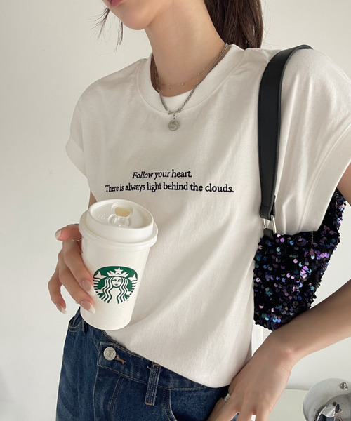 Eclat one（エクラワン）の「レタリング刺繍 フレンチスリーブ カットソー（Tシャツ/カットソー・レディース・オフホワイト/ネイビー/ミント・FREE）」の5枚目の写真