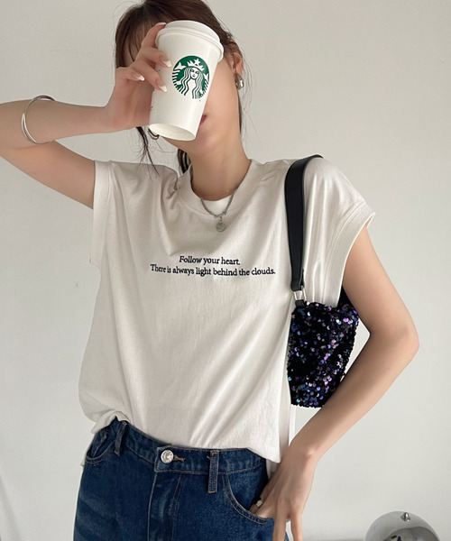 Eclat one（エクラワン）の「レタリング刺繍 フレンチスリーブ カットソー（Tシャツ/カットソー・レディース・オフホワイト/ネイビー/ミント・FREE）」の6枚目の写真