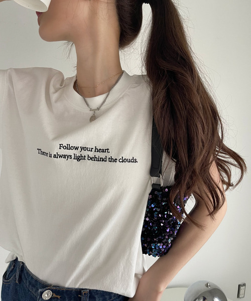 Eclat one（エクラワン）の「レタリング刺繍 フレンチスリーブ カットソー（Tシャツ/カットソー・レディース・オフホワイト/ネイビー/ミント・FREE）」の7枚目の写真