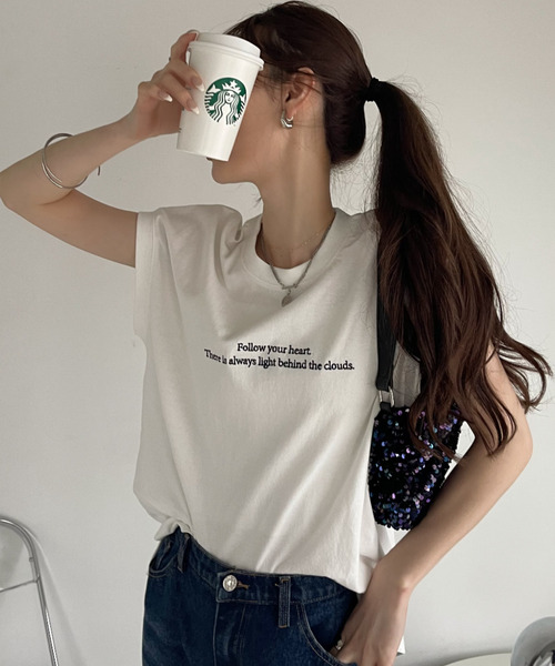 Eclat one（エクラワン）の「レタリング刺繍 フレンチスリーブ カットソー（Tシャツ/カットソー・レディース・オフホワイト/ネイビー/ミント・FREE）」の8枚目の写真