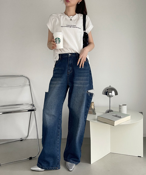 Eclat one（エクラワン）の「レタリング刺繍 フレンチスリーブ カットソー（Tシャツ/カットソー・レディース・オフホワイト/ネイビー/ミント・FREE）」の10枚目の写真