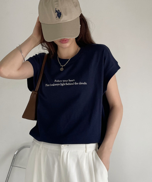 Eclat one（エクラワン）の「レタリング刺繍 フレンチスリーブ カットソー（Tシャツ/カットソー・レディース・オフホワイト/ネイビー/ミント・FREE）」の18枚目の写真
