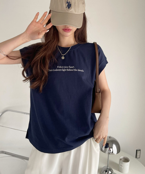 Eclat one（エクラワン）の「レタリング刺繍 フレンチスリーブ カットソー（Tシャツ/カットソー・レディース・オフホワイト/ネイビー/ミント・FREE）」の19枚目の写真