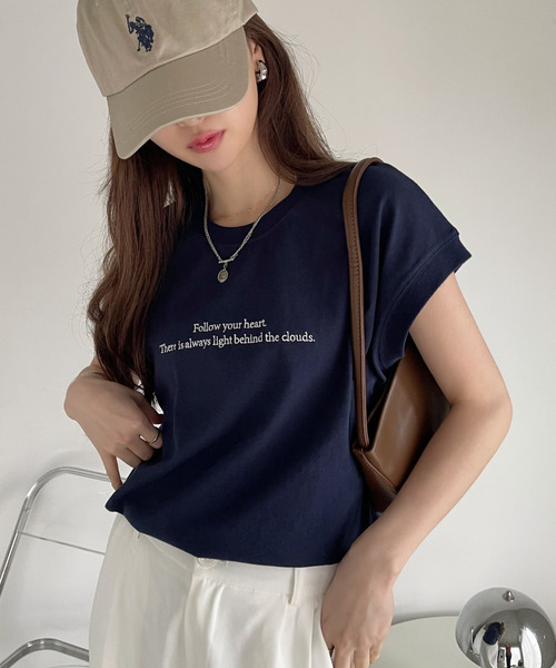 Eclat one（エクラワン）の「レタリング刺繍 フレンチスリーブ カットソー（Tシャツ/カットソー・レディース・オフホワイト/ネイビー/ミント・FREE）」の20枚目の写真