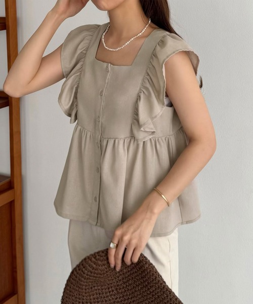 選べる】フリルノースリーブブラウス（リネン混／ギンガムチェック