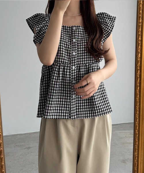 選べる】フリルノースリーブブラウス（リネン混／ギンガムチェック