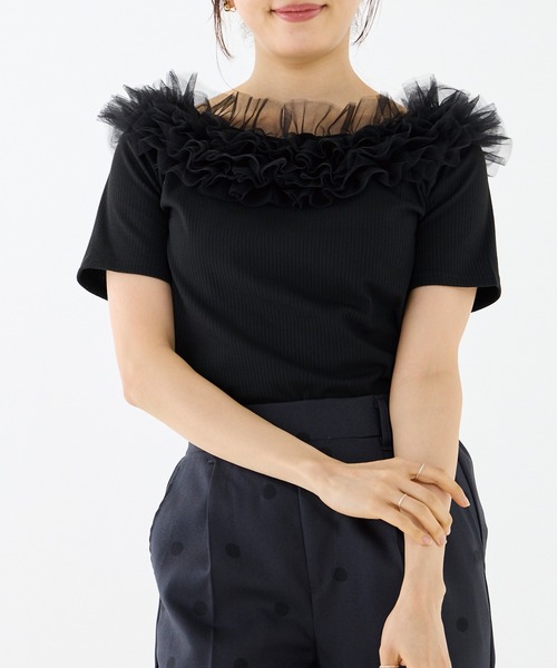 INCEDE（インシード）の「テレコリブ チュールフリルトップス（Tシャツ/カットソー・レディース・ブラック/オフホワイト・M/L/LL）」の9枚目の写真