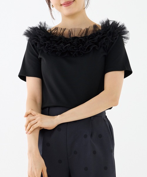 INCEDE（インシード）の「テレコリブ チュールフリルトップス（Tシャツ/カットソー・レディース・ブラック/オフホワイト・M/L/LL）」の10枚目の写真