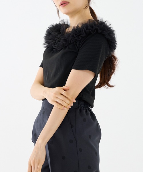 INCEDE（インシード）の「テレコリブ チュールフリルトップス（Tシャツ/カットソー・レディース・ブラック/オフホワイト・M/L/LL）」の12枚目の写真