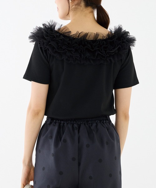 INCEDE（インシード）の「テレコリブ チュールフリルトップス（Tシャツ/カットソー・レディース・ブラック/オフホワイト・M/L/LL）」の13枚目の写真