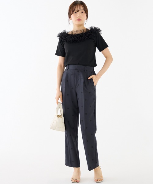 INCEDE（インシード）の「テレコリブ チュールフリルトップス（Tシャツ/カットソー・レディース・ブラック/オフホワイト・M/L/LL）」の14枚目の写真