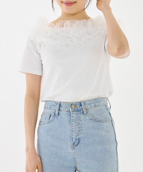 INCEDE（インシード）の「テレコリブ チュールフリルトップス（Tシャツ/カットソー・レディース・ブラック/オフホワイト・M/L/LL）」の3枚目の写真