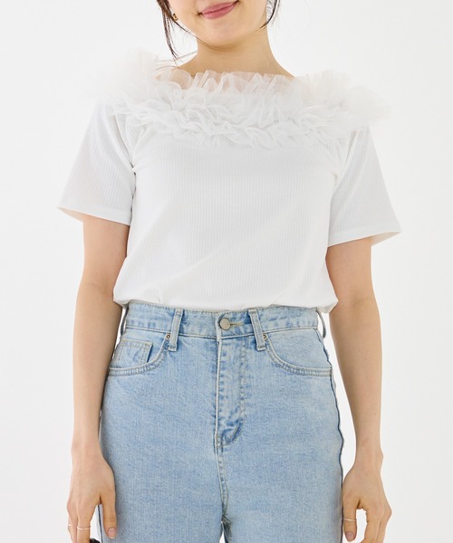 INCEDE（インシード）の「テレコリブ チュールフリルトップス（Tシャツ/カットソー・レディース・ブラック/オフホワイト・M/L/LL）」の4枚目の写真