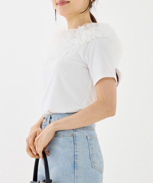 INCEDE（インシード）の「テレコリブ チュールフリルトップス（Tシャツ/カットソー・レディース・ブラック/オフホワイト・M/L/LL）」の5枚目の写真