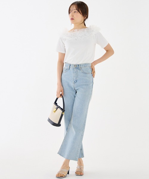 INCEDE（インシード）の「テレコリブ チュールフリルトップス（Tシャツ/カットソー・レディース・ブラック/オフホワイト・M/L/LL）」の6枚目の写真