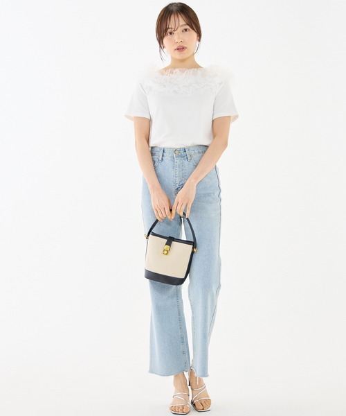 INCEDE（インシード）の「テレコリブ チュールフリルトップス（Tシャツ/カットソー・レディース・ブラック/オフホワイト・M/L/LL）」の7枚目の写真