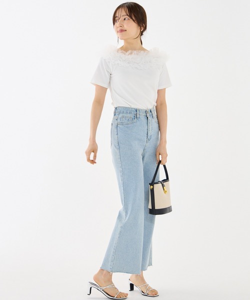 INCEDE（インシード）の「テレコリブ チュールフリルトップス（Tシャツ/カットソー・レディース・ブラック/オフホワイト・M/L/LL）」の8枚目の写真