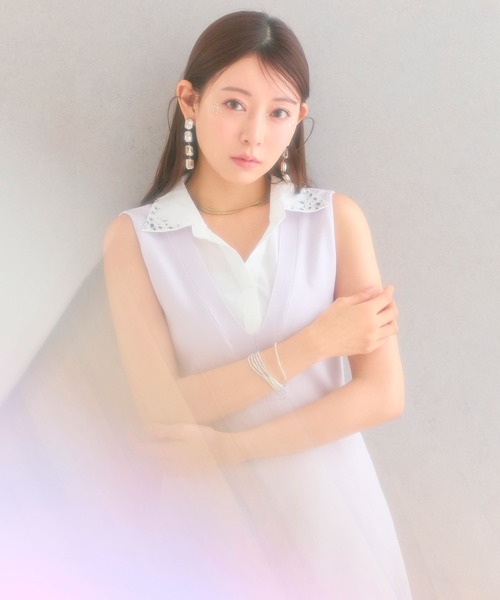 【セール】【丈が選べる】ビジュー衿付ニットワンピース（ワンピース）｜ROYAL PARTY（ロイヤルパーティー）