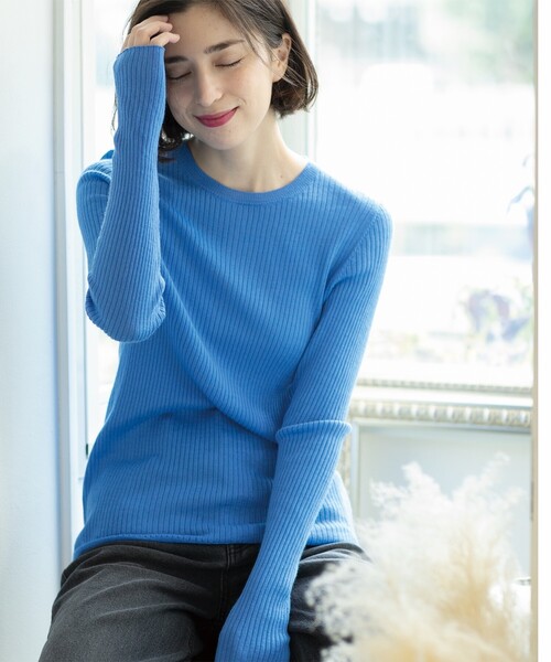 OPAQUE.CLIP（オペークドットクリップ）の「《5color》クルーネックシアーリブニット【洗濯機洗い可】（ニット/セーター・レディース・グレー/ブルー/オレンジ/グリーン系/ブラック・40/38/42）」の11枚目の写真