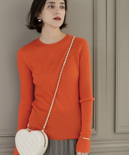 OPAQUE.CLIP（オペークドットクリップ）の「《5color》クルーネックシアーリブニット【洗濯機洗い可】（ニット/セーター・レディース・グレー/ブルー/オレンジ/グリーン系/ブラック・40/38/42）」の5枚目の写真