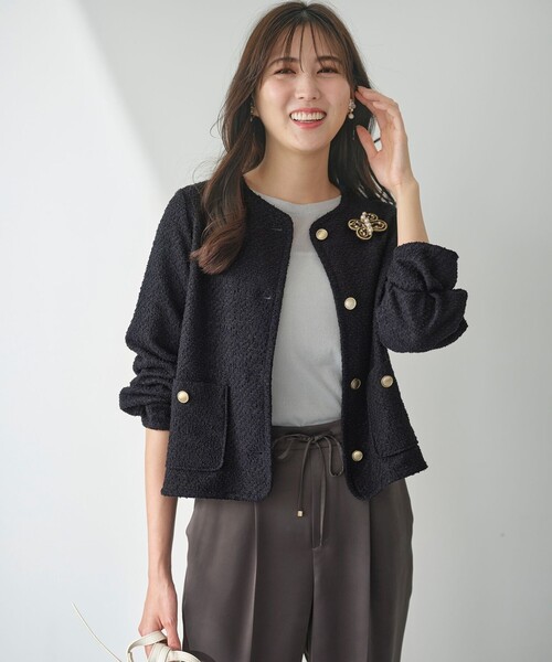 極美品 】ハナエモリ ツイード 温く ノーカラー ジャケット スカート 