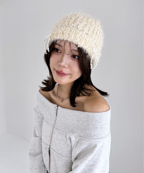 Heather（ヘザー）の「リボンニットキャップ　153257（ニットキャップ/ビーニー・レディース・アイボリー/ブラック・ONE SIZE）」の2枚目の写真