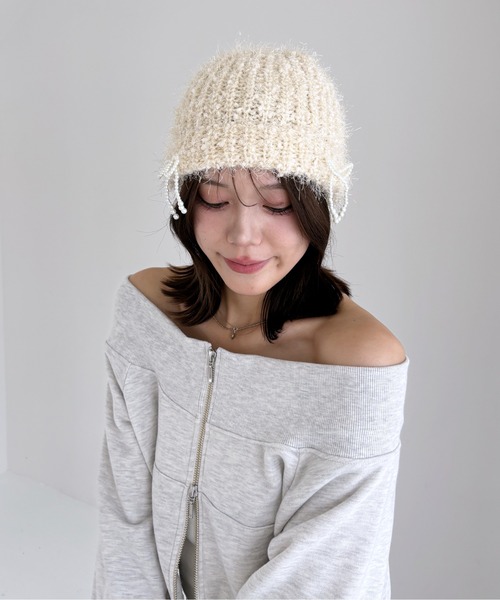 Heather（ヘザー）の「リボンニットキャップ　153257（ニットキャップ/ビーニー・レディース・アイボリー/ブラック・ONE SIZE）」の3枚目の写真