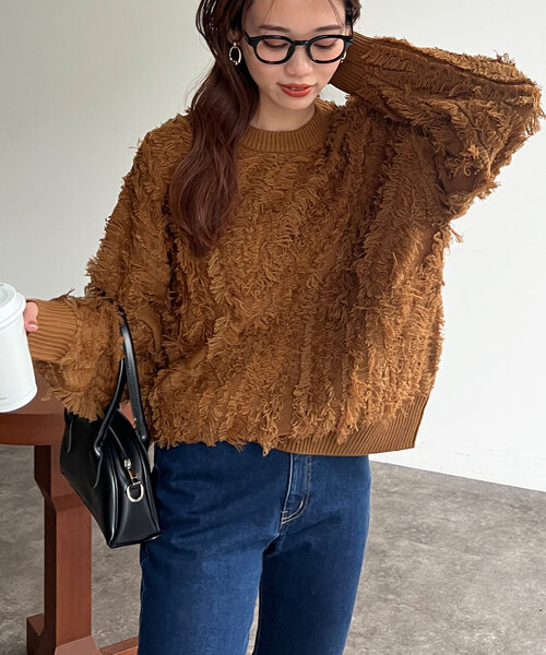 Chez toi（シェトワ）の「フリンジシャギニットプルオーバー（ニット/セーター・レディース・キャメル/ブラック/オフホワイト・FREE）」の3枚目の写真