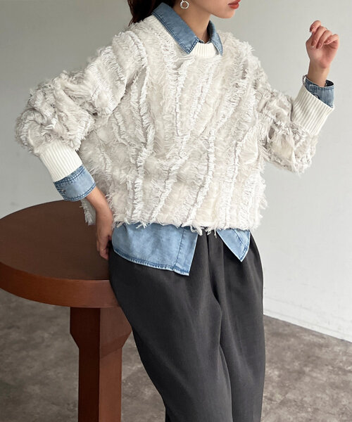 Chez toi（シェトワ）の「フリンジシャギニットプルオーバー（ニット/セーター・レディース・キャメル/ブラック/オフホワイト・FREE）」の4枚目の写真